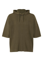 The MONTHLY COLORS : JUNE by HOMME PLISSÉ ISSEY MIYAKE is a lightweight, olive green short-sleeve hooded pullover with ribbed textured fabric, a front kangaroo pocket, drawstring hood, and single button neckline closure.