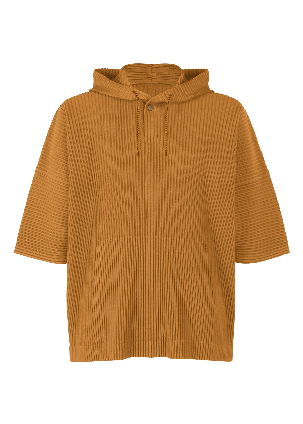 The HOMME PLISSÉ ISSEY MIYAKE MONTHLY COLORS : JUNE is a brown, lightweight, short-sleeved pullover with a ribbed texture, drawstring hood, pouch pocket, and relaxed fit for easy comfort and style. view 3 of 8