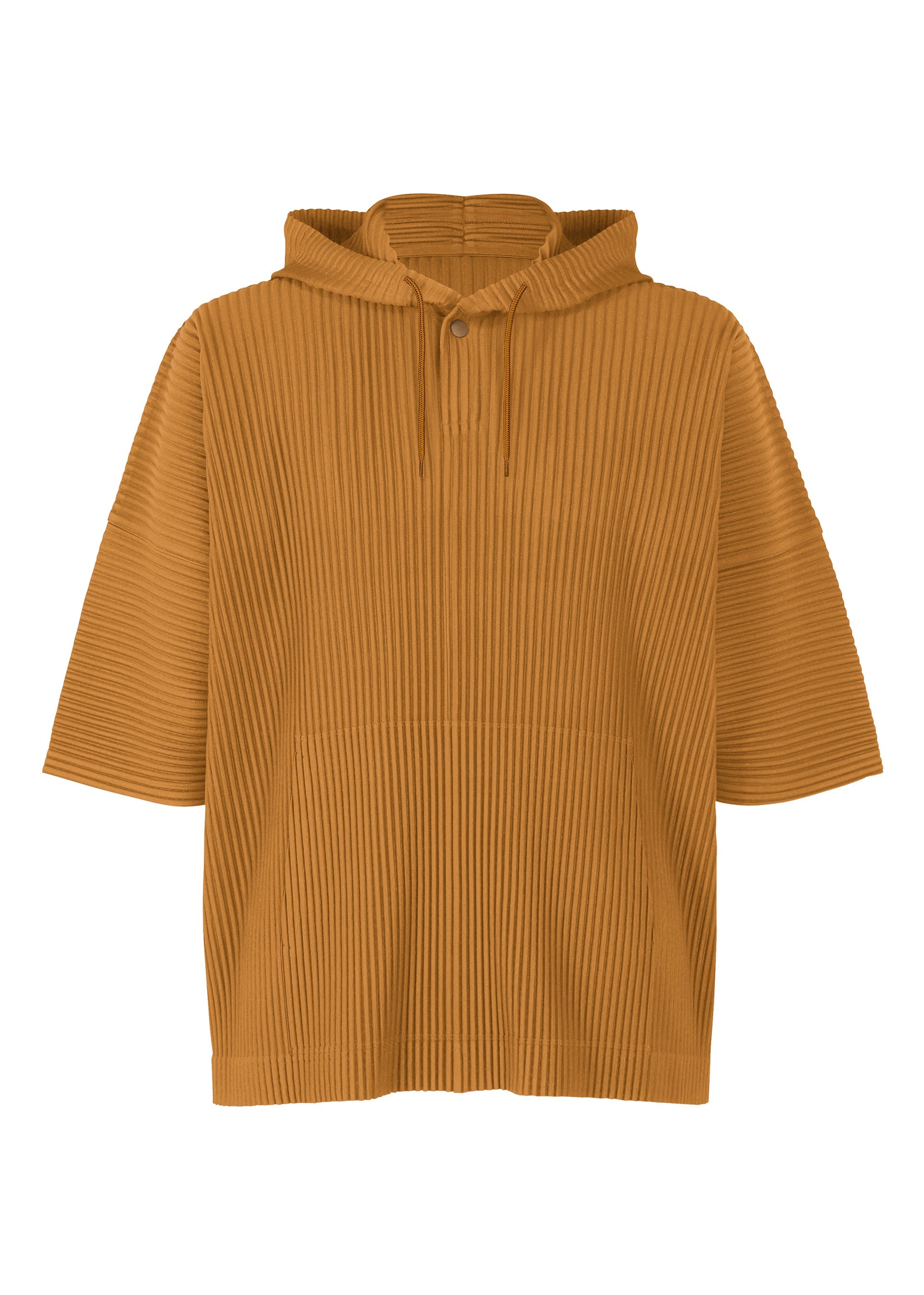 Zoomed view The HOMME PLISSÉ ISSEY MIYAKE MONTHLY COLORS : JUNE is a brown, lightweight, short-sleeved pullover with a ribbed texture, drawstring hood, pouch pocket, and relaxed fit for easy comfort and style. - VENICE BOAT BROWN （no.45）