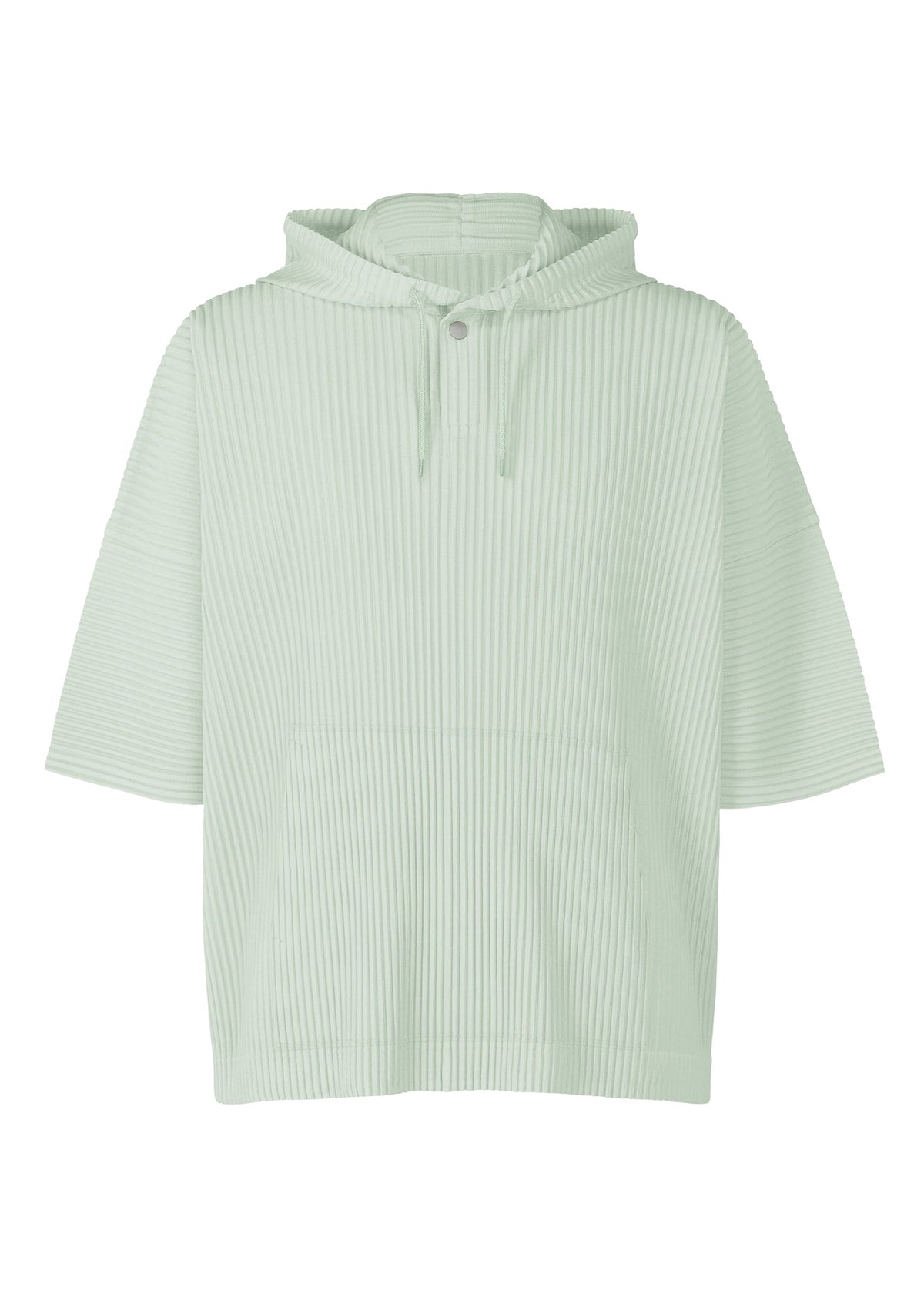 The MONTHLY COLORS : JUNE by HOMME PLISSÉ ISSEY MIYAKE is a lightweight, light green hooded pullover featuring short sleeves, ribbed texture, a front pocket, drawstrings, and a single button at the collar. view 8 of 8