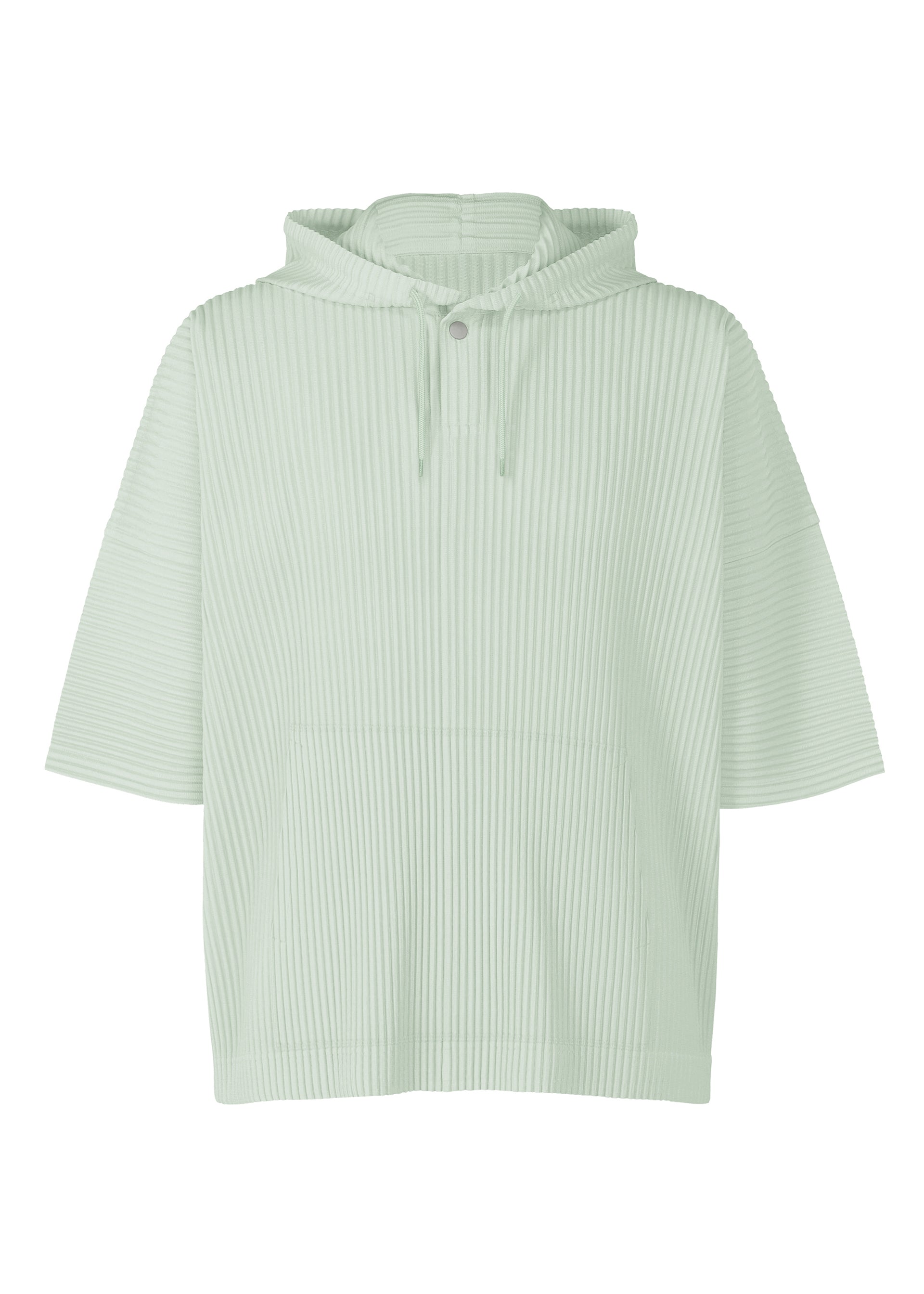 Zoomed view The MONTHLY COLORS : JUNE by HOMME PLISSÉ ISSEY MIYAKE is a lightweight, light green hooded pullover featuring short sleeves, ribbed texture, a front pocket, drawstrings, and a single button at the collar. - BOBOLI MOSS ASH （no.70）