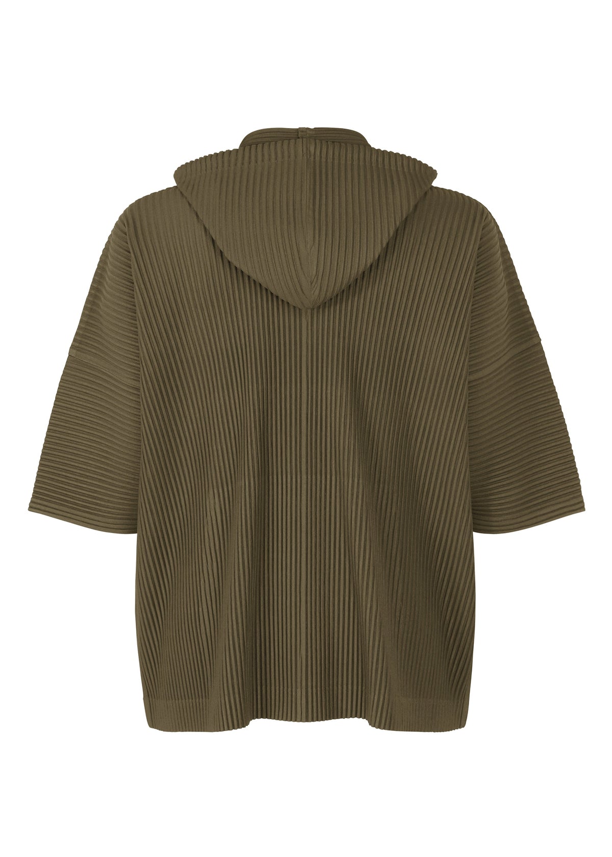 Back view of the MONTHLY COLORS : JUNE olive green ribbed-knit hooded cardigan by HOMME PLISSÉ ISSEY MIYAKE, featuring wide sleeves and a relaxed, lightweight fit. view 4 of 8