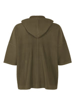 Back view of the MONTHLY COLORS : JUNE olive green ribbed-knit hooded cardigan by HOMME PLISSÉ ISSEY MIYAKE, featuring wide sleeves and a relaxed, lightweight fit.