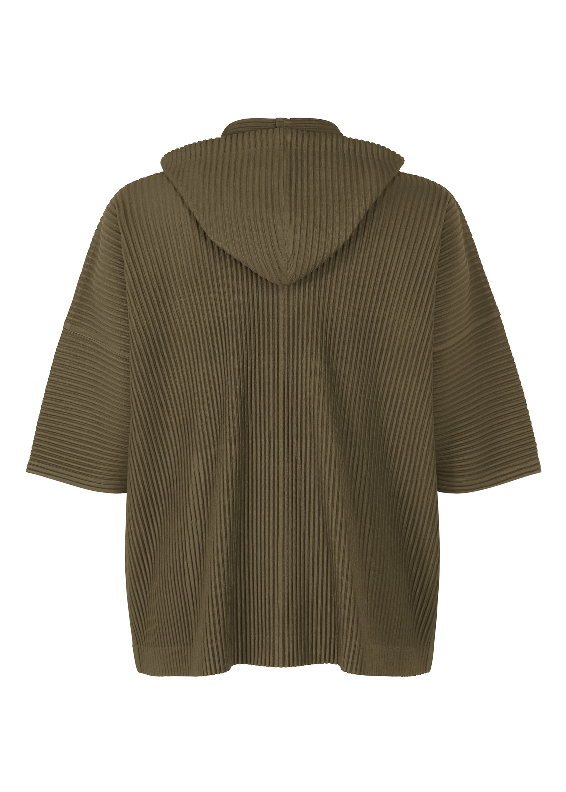 Zoomed view Back view of the MONTHLY COLORS : JUNE olive green ribbed-knit hooded cardigan by HOMME PLISSÉ ISSEY MIYAKE, featuring wide sleeves and a relaxed, lightweight fit.