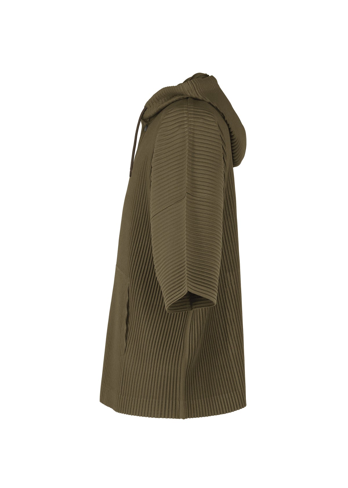 Side view of the MONTHLY COLORS : JUNE olive green short-sleeve hooded pullover by HOMME PLISSÉ ISSEY MIYAKE, featuring a ribbed texture, front pocket, relaxed fit—lightweight and ideal for daily wear. Shown on a white background. view 5 of 8