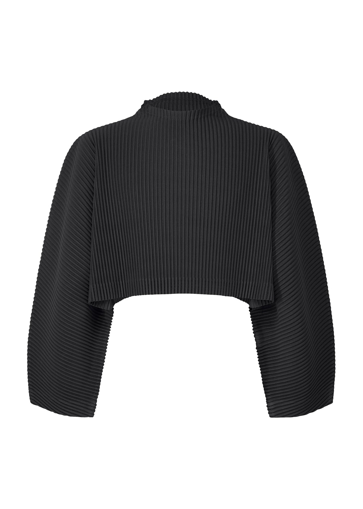The COLOR PLEATS 1 by HOMME PLISSÉ ISSEY MIYAKE is a black, long-sleeved mock-neck crop top with pleated ribbed texture, embodying the brand's iconic style. view 2 of 7