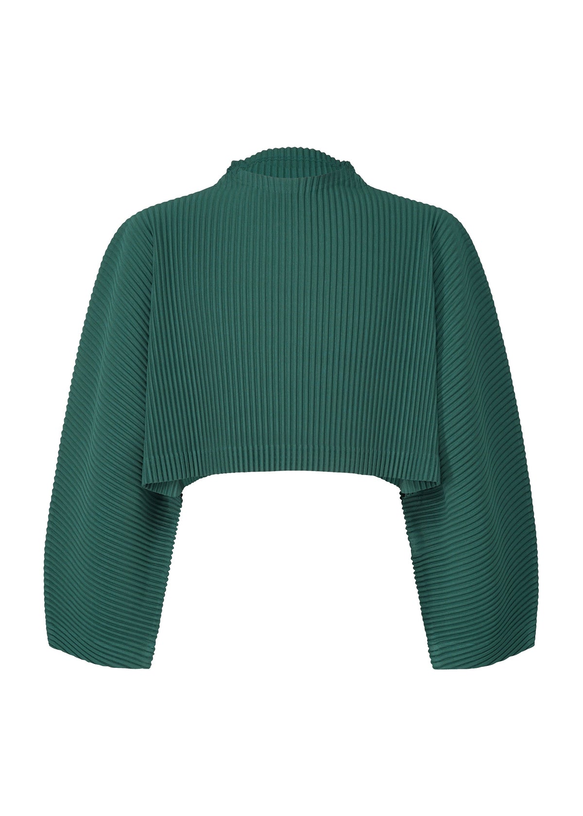 The COLOR PLEATS 1 by HOMME PLISSÉ ISSEY MIYAKE is a green, pleated jersey top featuring long wide sleeves, a high mock neckline, and a vertical ribbed texture for a modern look. view 3 of 7