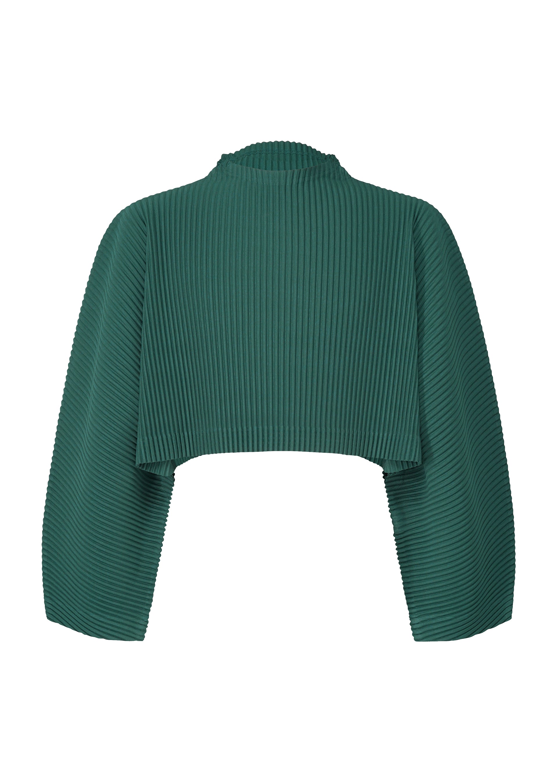 Zoomed view The COLOR PLEATS 1 by HOMME PLISSÉ ISSEY MIYAKE is a green, pleated jersey top featuring long wide sleeves, a high mock neckline, and a vertical ribbed texture for a modern look. - PF OCEAN BLUE （no.78）