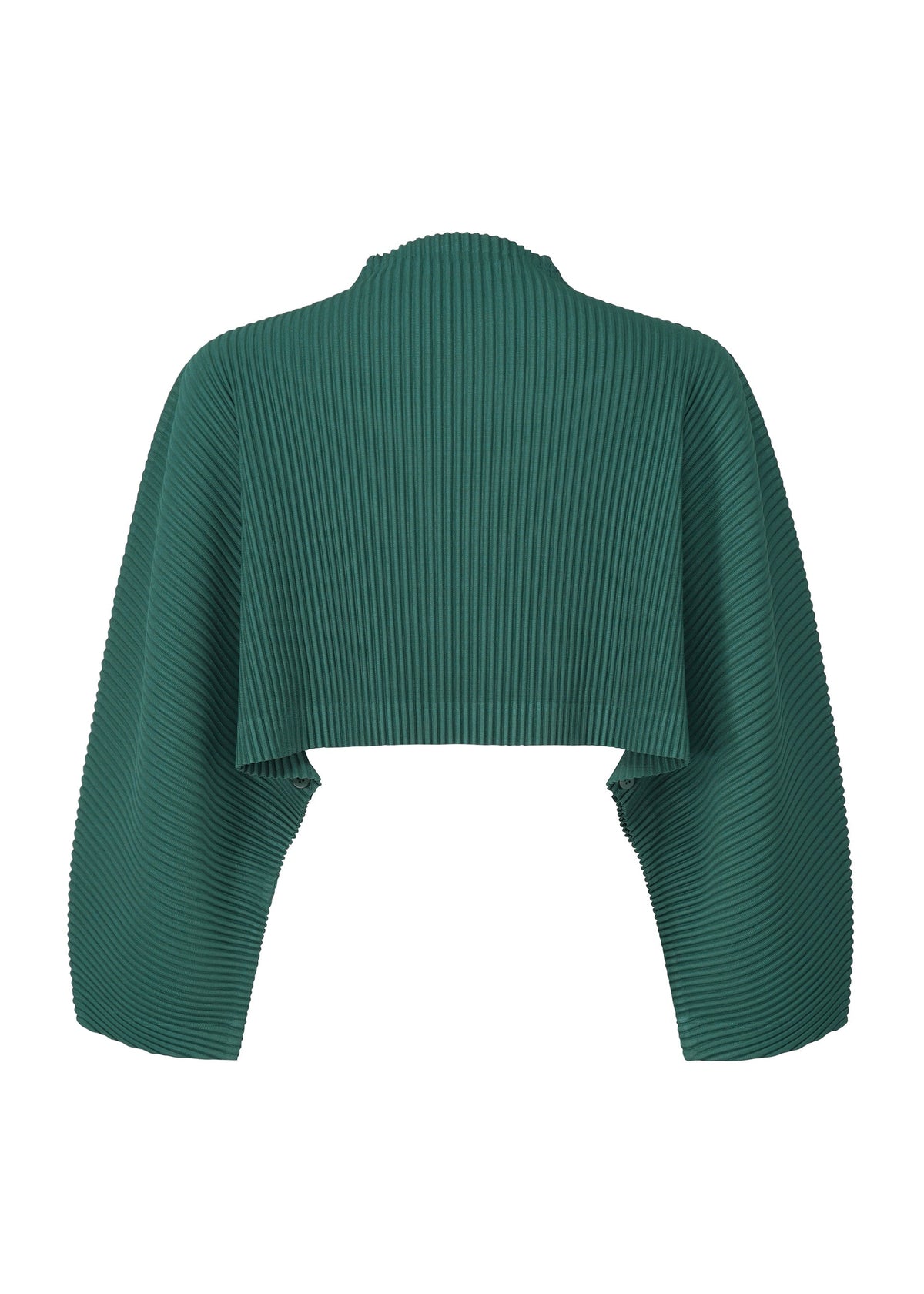 A green COLOR PLEATS 1 cropped jacket by HOMME PLISSÉ ISSEY MIYAKE, featuring pleats, a high neckline, wide draped long sleeves, and a mock-neck style, displayed on a plain white background. view 4 of 7