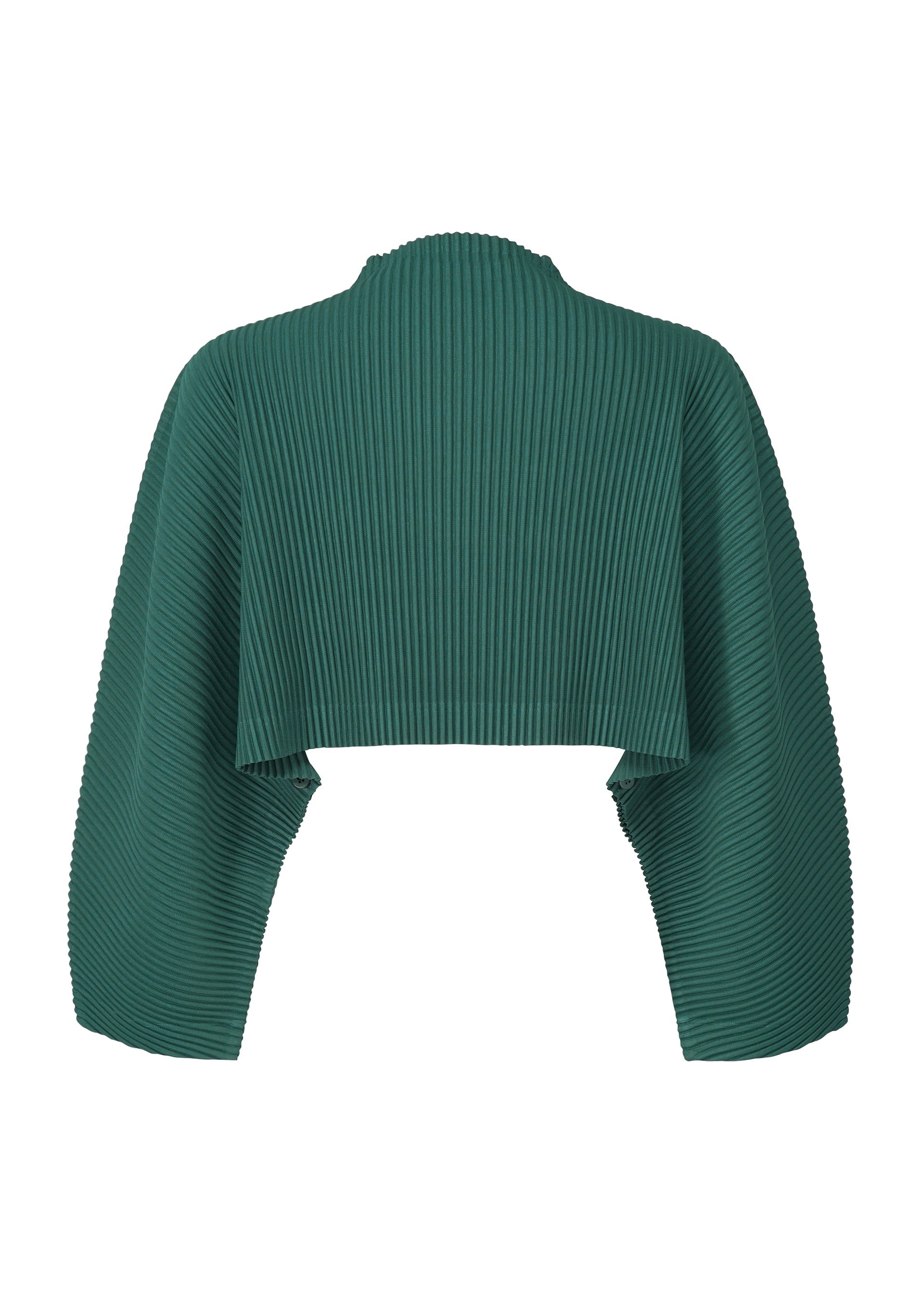 Zoomed view A green COLOR PLEATS 1 cropped jacket by HOMME PLISSÉ ISSEY MIYAKE, featuring pleats, a high neckline, wide draped long sleeves, and a mock-neck style, displayed on a plain white background.