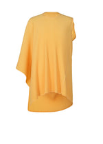 The HOMME PLISSÉ ISSEY MIYAKE WEAR OR WRAP is a light yellow, loose-fitting pleated top with a round neck, short sleeve on one side, and an asymmetric long draped back hem, highlighting its versatile silhouette against a white background.