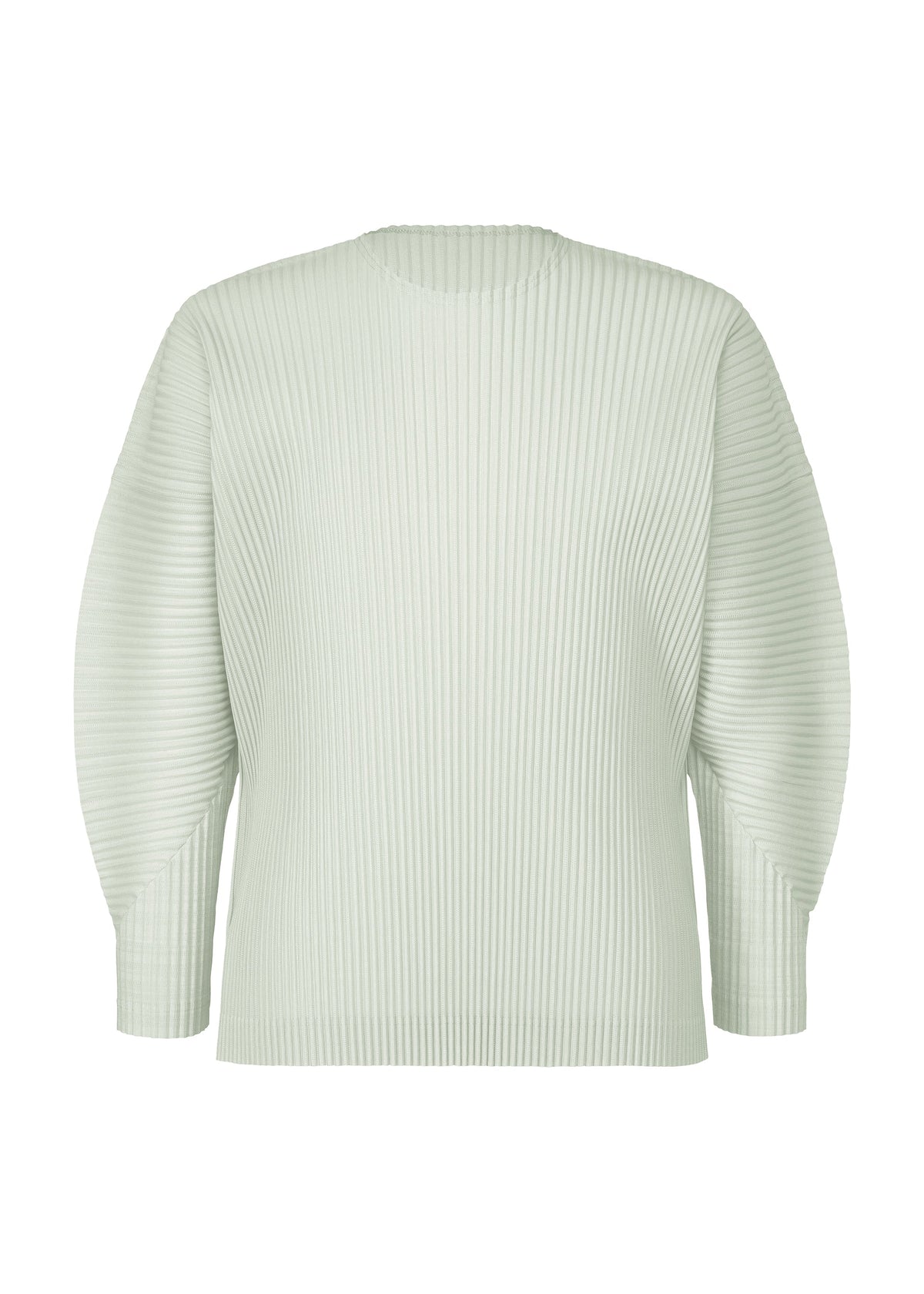 The AGAVE MESH top by HOMME PLISSÉ ISSEY MIYAKE, shown in light green agave leaf stripes, features a round neck, long sleeves, all-over vertical ribbing, and a loose fit for a modern take on the mesh knit classic. view 1 of 7