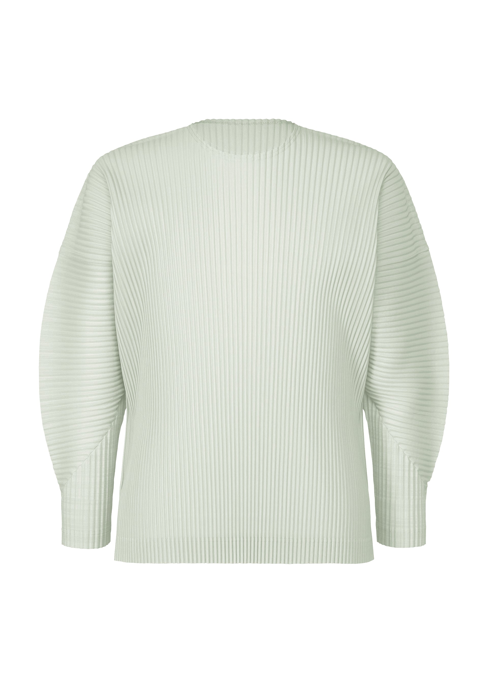 Zoomed view The AGAVE MESH top by HOMME PLISSÉ ISSEY MIYAKE, shown in light green agave leaf stripes, features a round neck, long sleeves, all-over vertical ribbing, and a loose fit for a modern take on the mesh knit classic. - LIGHT GRAY （no.11）