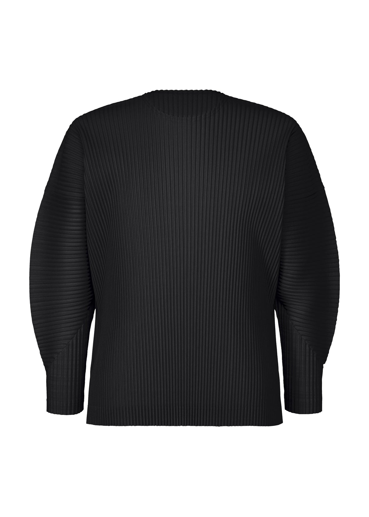 The AGAVE MESH by HOMME PLISSÉ ISSEY MIYAKE is a black, round-neck, long-sleeve top with an all-over vertical ribbed texture and straight hem, featuring a modern silhouette and slightly loose sleeves. Shown from the back. view 2 of 7