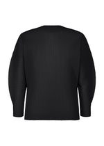 The AGAVE MESH by HOMME PLISSÉ ISSEY MIYAKE is a black, round-neck, long-sleeve top with an all-over vertical ribbed texture and straight hem, featuring a modern silhouette and slightly loose sleeves. Shown from the back. - BLACK （no.15）