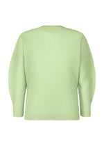 The AGAVE MESH top by HOMME PLISSÉ ISSEY MIYAKE features a light green, round neck design with long sleeves and a vertical ribbed pattern inspired by agave leaves. Its mesh knit offers a relaxed, loose fit for effortless style. - GREEN （no.62）