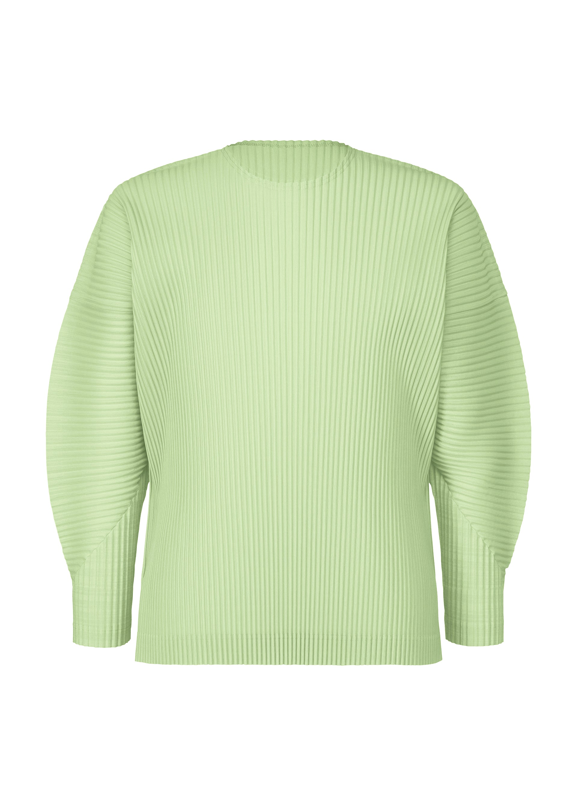 Zoomed view The AGAVE MESH top by HOMME PLISSÉ ISSEY MIYAKE features a light green, round neck design with long sleeves and a vertical ribbed pattern inspired by agave leaves. Its mesh knit offers a relaxed, loose fit for effortless style. - GREEN （no.62）