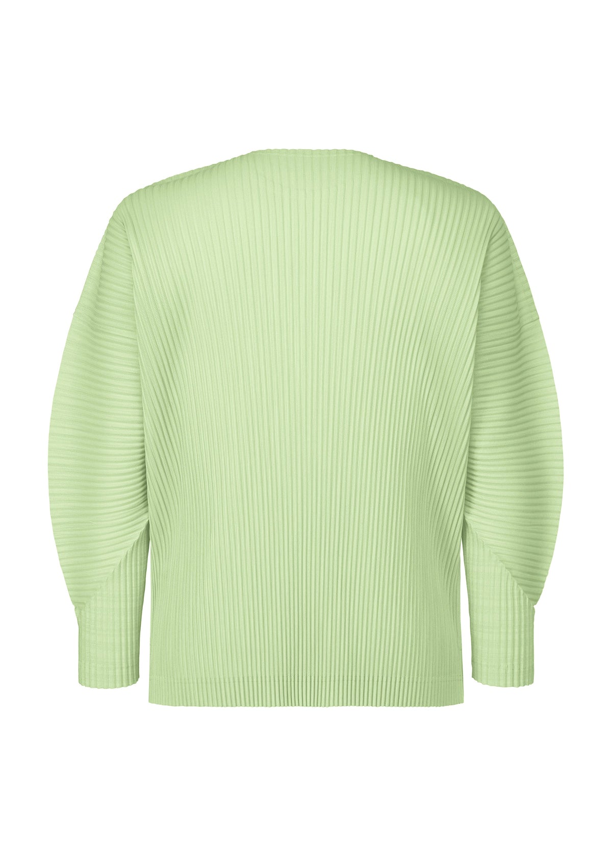 The AGAVE MESH by HOMME PLISSÉ ISSEY MIYAKE is a light green, round-neck long-sleeve mesh knit top with ribbed pleats, a loose fit, and drop shoulders, shown from the back on a plain white background. view 4 of 7