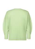 The AGAVE MESH by HOMME PLISSÉ ISSEY MIYAKE is a light green, round-neck long-sleeve mesh knit top with ribbed pleats, a loose fit, and drop shoulders, shown from the back on a plain white background.