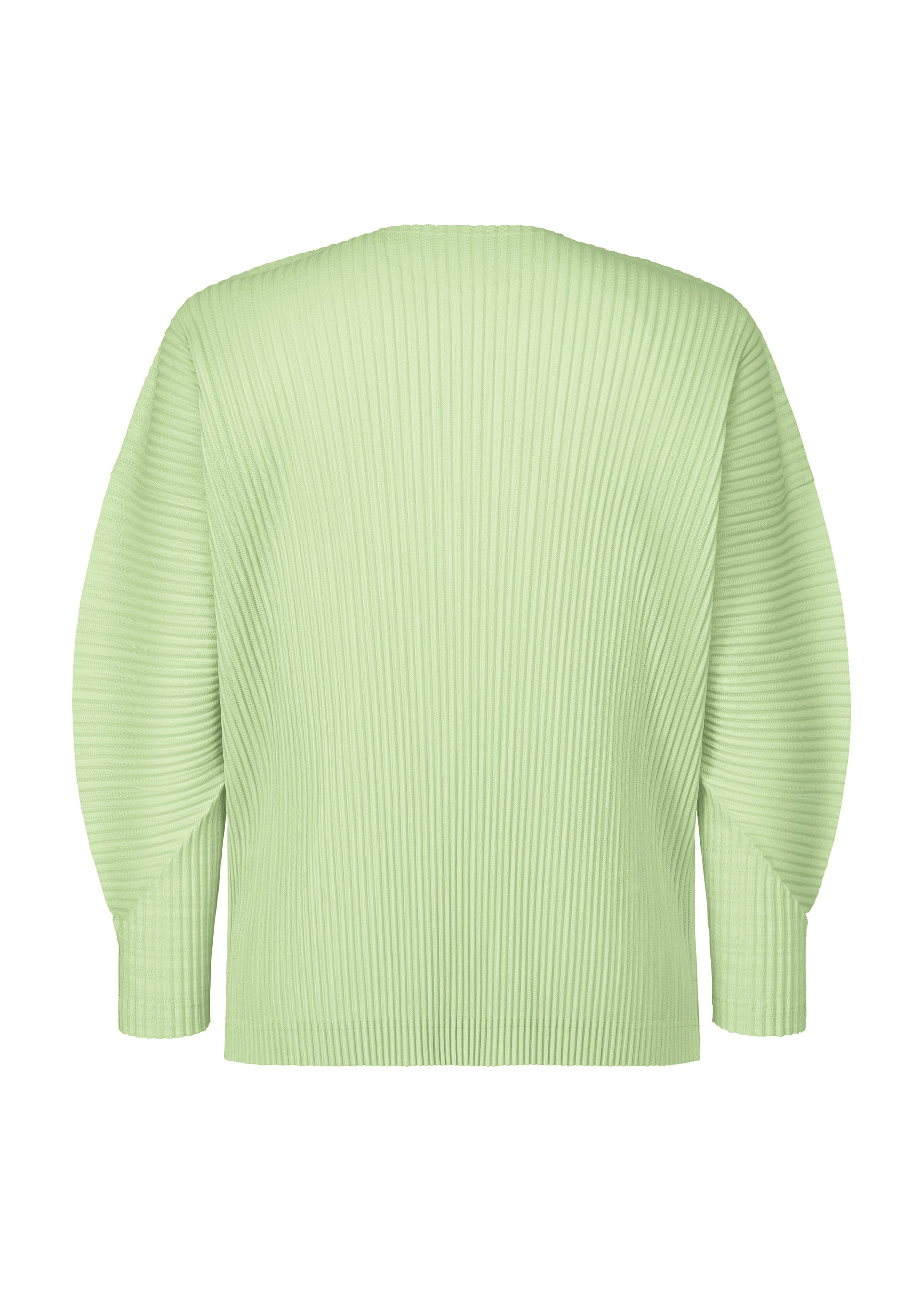 Zoomed view The AGAVE MESH by HOMME PLISSÉ ISSEY MIYAKE is a light green, round-neck long-sleeve mesh knit top with ribbed pleats, a loose fit, and drop shoulders, shown from the back on a plain white background.