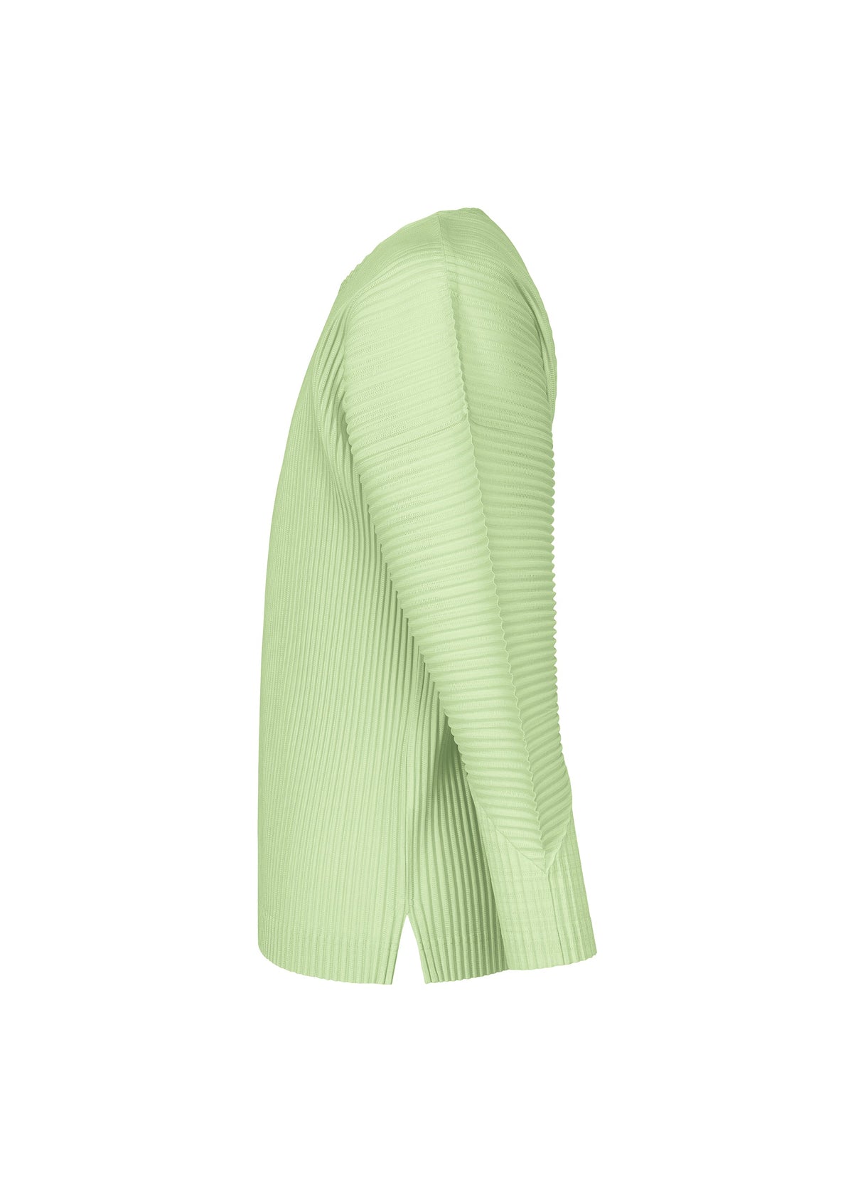 Side view of the AGAVE MESH long-sleeve top by HOMME PLISSÉ ISSEY MIYAKE in light green, featuring a ribbed texture, split hem, and subtle agave leaf stripe details, shown on a plain white background. view 5 of 7