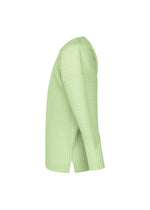 Side view of the AGAVE MESH long-sleeve top by HOMME PLISSÉ ISSEY MIYAKE in light green, featuring a ribbed texture, split hem, and subtle agave leaf stripe details, shown on a plain white background.