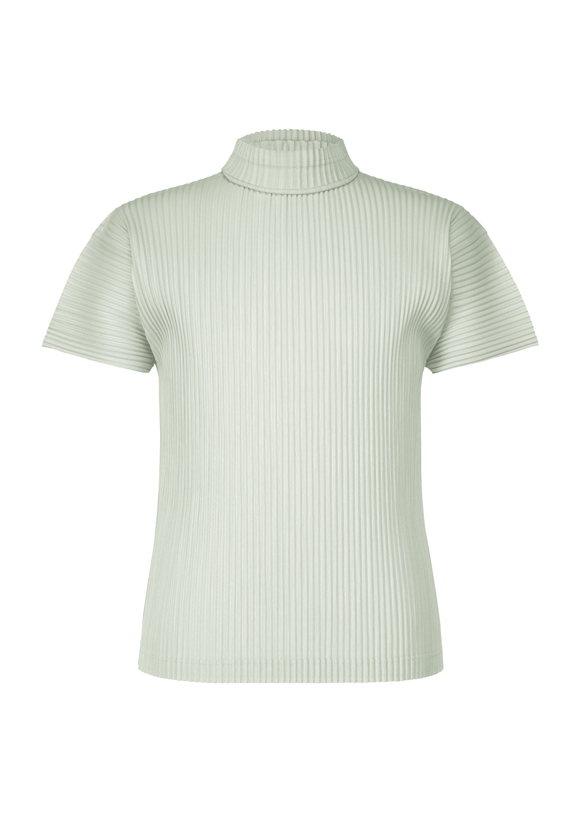 Zoomed view The AGAVE MESH by HOMME PLISSÉ ISSEY MIYAKE is a light green, short-sleeve, ribbed high-neck top with a fitted silhouette and subtle agave leaf stripes, displayed on a plain white background. - LIGHT GRAY （no.11）