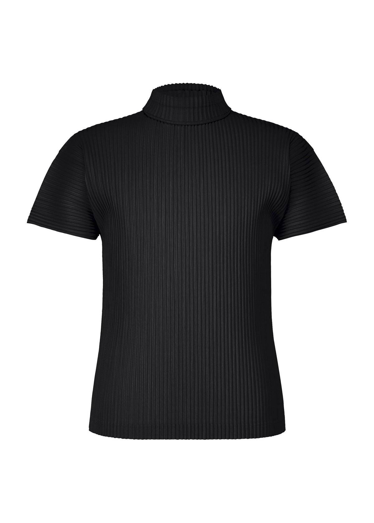 The AGAVE MESH top by HOMME PLISSÉ ISSEY MIYAKE is a black, short-sleeve, ribbed-knit high-neck with a mock turtleneck collar and subtle agave leaf stripes, shown on a plain white background. view 2 of 8