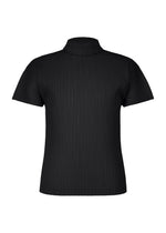 The AGAVE MESH top by HOMME PLISSÉ ISSEY MIYAKE is a black, short-sleeve, ribbed-knit high-neck with a mock turtleneck collar and subtle agave leaf stripes, shown on a plain white background. - BLACK （no.15）
