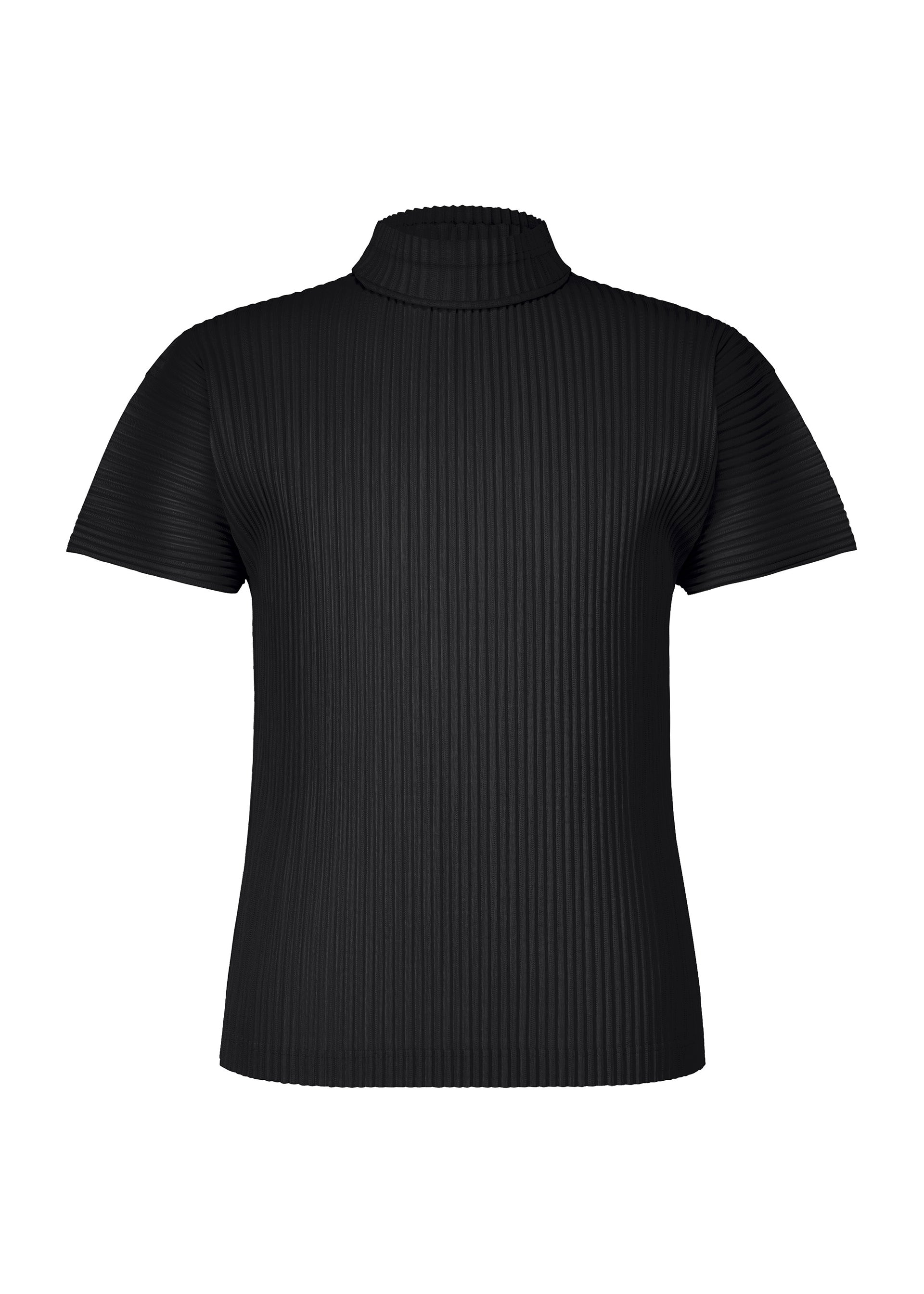 Zoomed view The AGAVE MESH top by HOMME PLISSÉ ISSEY MIYAKE is a black, short-sleeve, ribbed-knit high-neck with a mock turtleneck collar and subtle agave leaf stripes, shown on a plain white background. - BLACK （no.15）