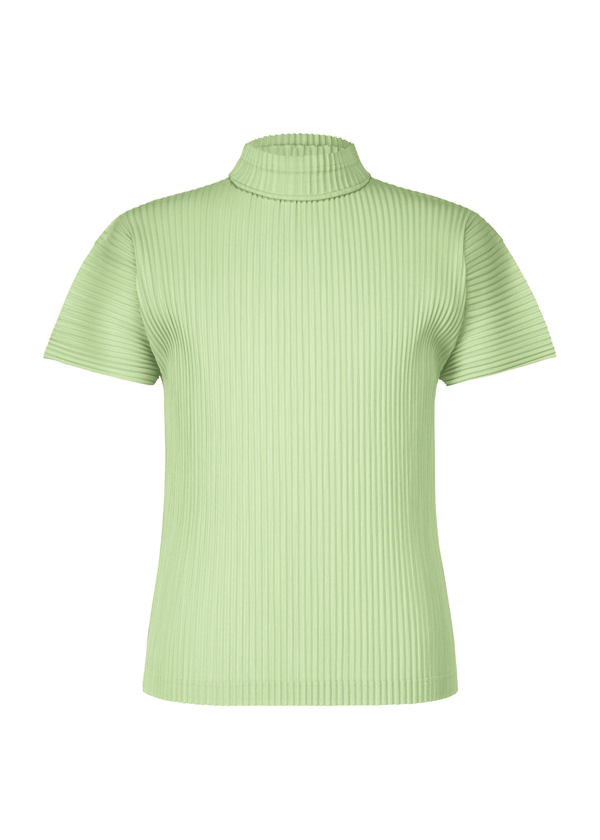 Zoomed view The AGAVE MESH by HOMME PLISSÉ ISSEY MIYAKE is a short-sleeved light green high-neck top featuring ribbed mesh fabric and subtle agave leaf stripes, shown against a white background. - GREEN （no.62）