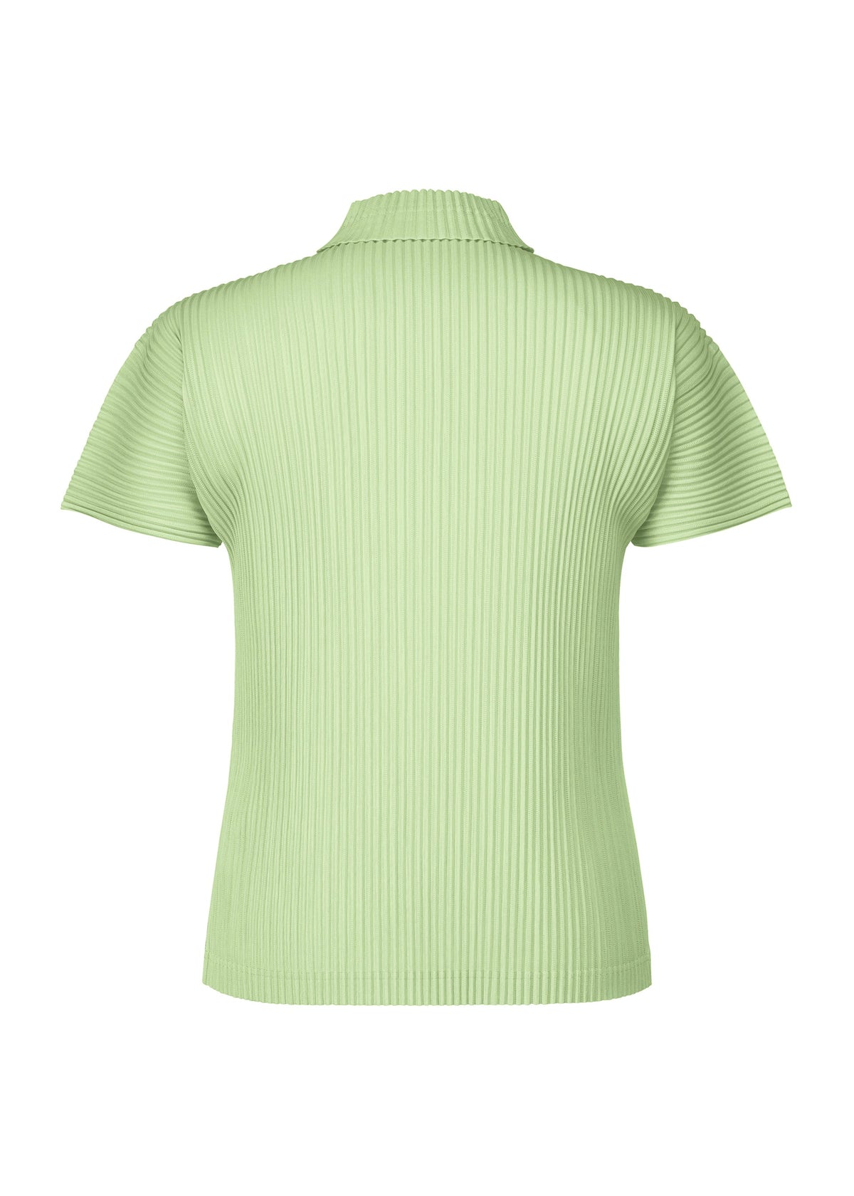 Back view of the AGAVE MESH top by HOMME PLISSÉ ISSEY MIYAKE, a light green ribbed knit short-sleeve with collar, vertical agave leaf stripes, and a fitted silhouette. view 4 of 8