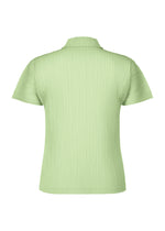 Back view of the AGAVE MESH top by HOMME PLISSÉ ISSEY MIYAKE, a light green ribbed knit short-sleeve with collar, vertical agave leaf stripes, and a fitted silhouette.
