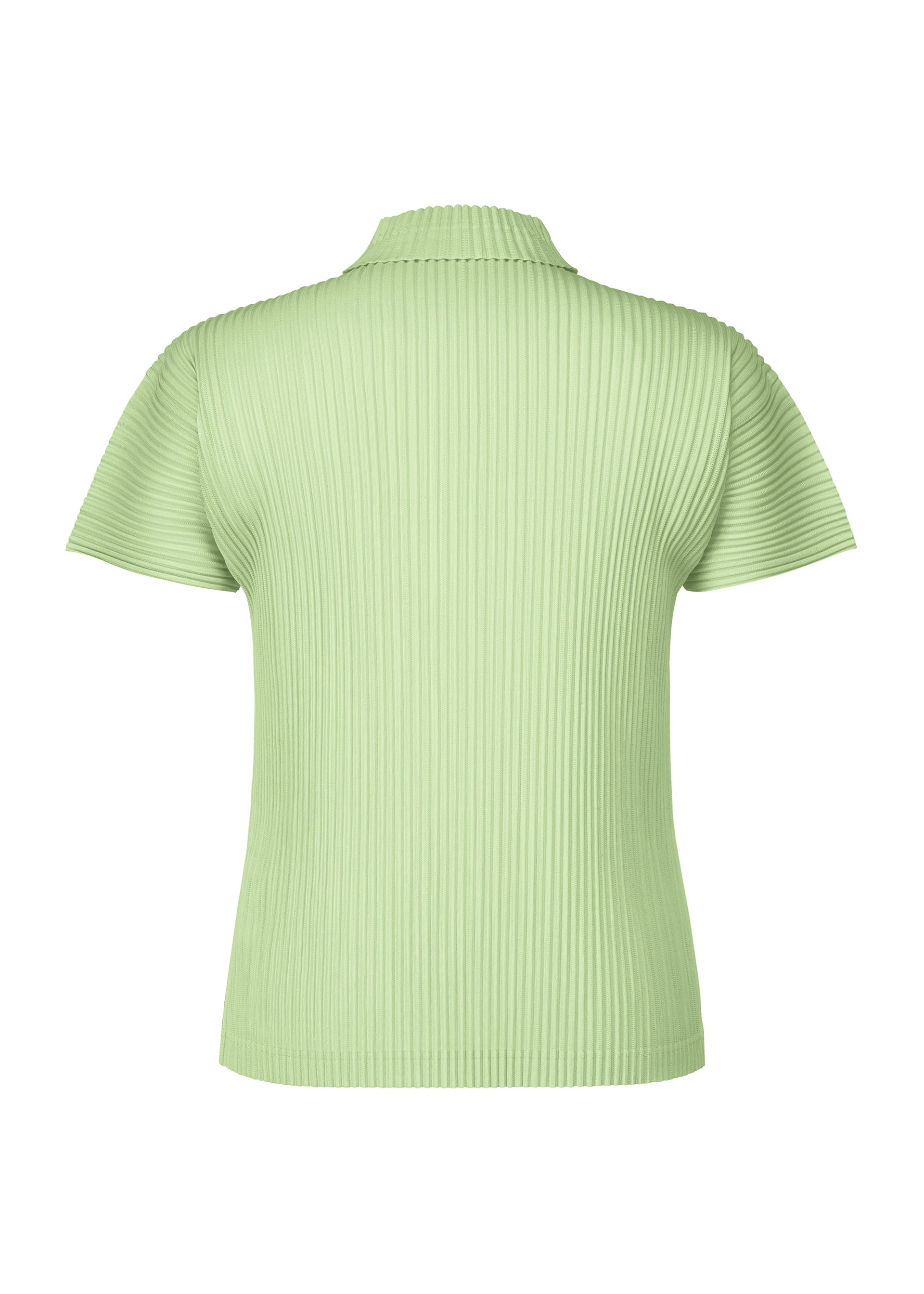 Zoomed view Back view of the AGAVE MESH top by HOMME PLISSÉ ISSEY MIYAKE, a light green ribbed knit short-sleeve with collar, vertical agave leaf stripes, and a fitted silhouette.