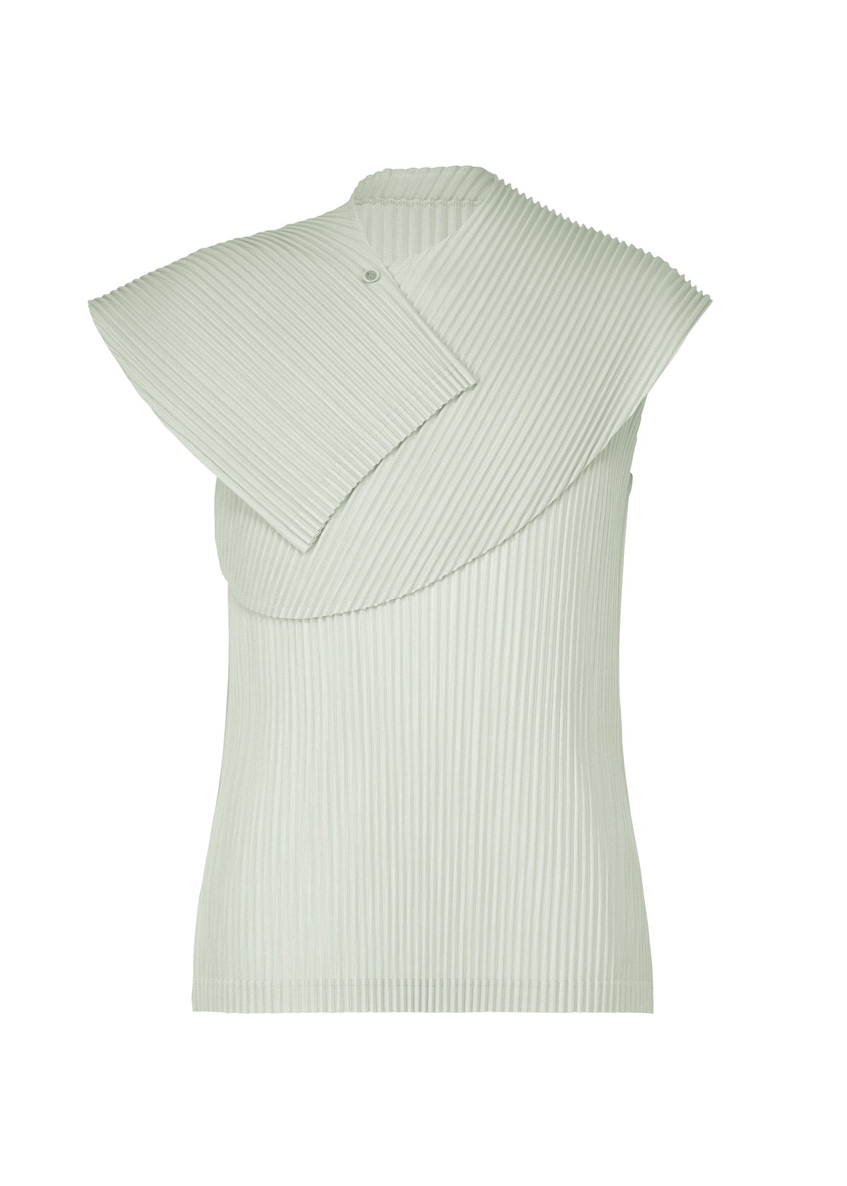 The AGAVE MESH by HOMME PLISSÉ ISSEY MIYAKE is a sleeveless pale green ribbed knit top with agave leaf stripes, a high neckline, and an asymmetrical layered flap over one shoulder for a modern, sculptural look. view 1 of 7