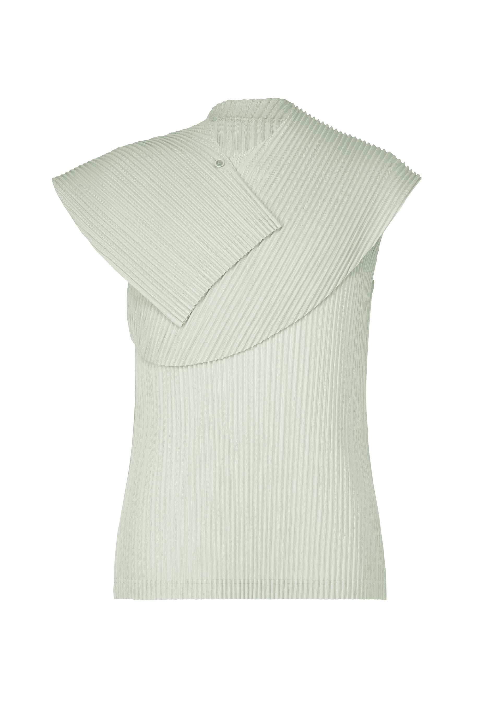 Zoomed view The AGAVE MESH by HOMME PLISSÉ ISSEY MIYAKE is a sleeveless pale green ribbed knit top with agave leaf stripes, a high neckline, and an asymmetrical layered flap over one shoulder for a modern, sculptural look. - LIGHT GRAY （no.11）