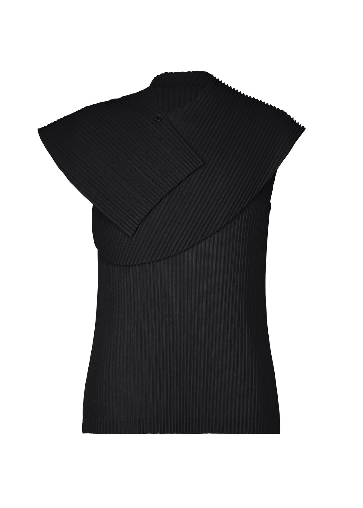 The AGAVE MESH by HOMME PLISSÉ ISSEY MIYAKE is a sleeveless black mesh top featuring vertical pleats and an asymmetrical layered design across the shoulders and chest for a modern, sculptural style. view 2 of 7