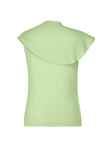 The AGAVE MESH top by HOMME PLISSÉ ISSEY MIYAKE is a light green, sleeveless, ribbed knit with agave leaf stripes and an asymmetrical pleated collar draping over one shoulder—shown from the back.