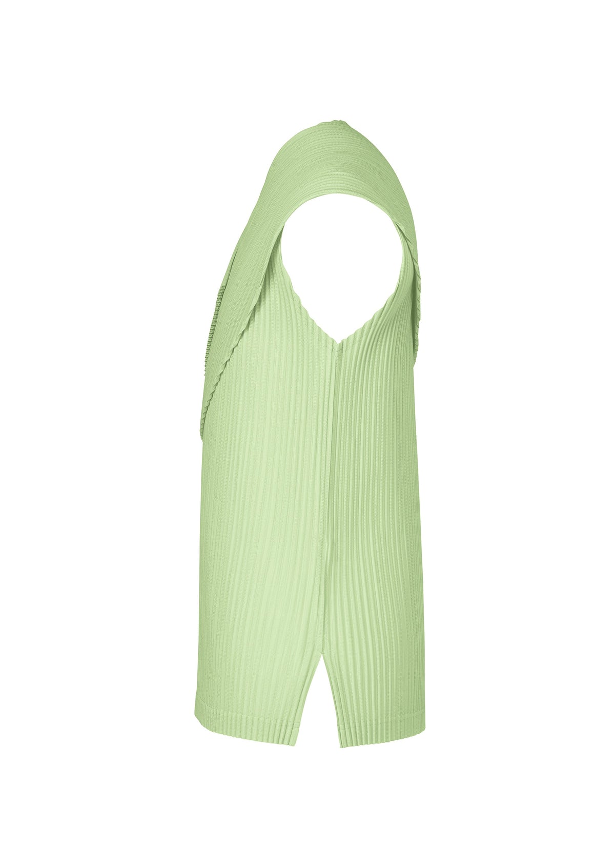 The AGAVE MESH by HOMME PLISSÉ ISSEY MIYAKE is a light green, sleeveless, breathable knit top with an asymmetric draped neckline, V-shaped front hem cutout, and subtle agave leaf stripes for texture. view 4 of 7