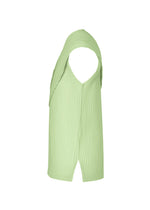 The AGAVE MESH by HOMME PLISSÉ ISSEY MIYAKE is a light green, sleeveless, breathable knit top with an asymmetric draped neckline, V-shaped front hem cutout, and subtle agave leaf stripes for texture.
