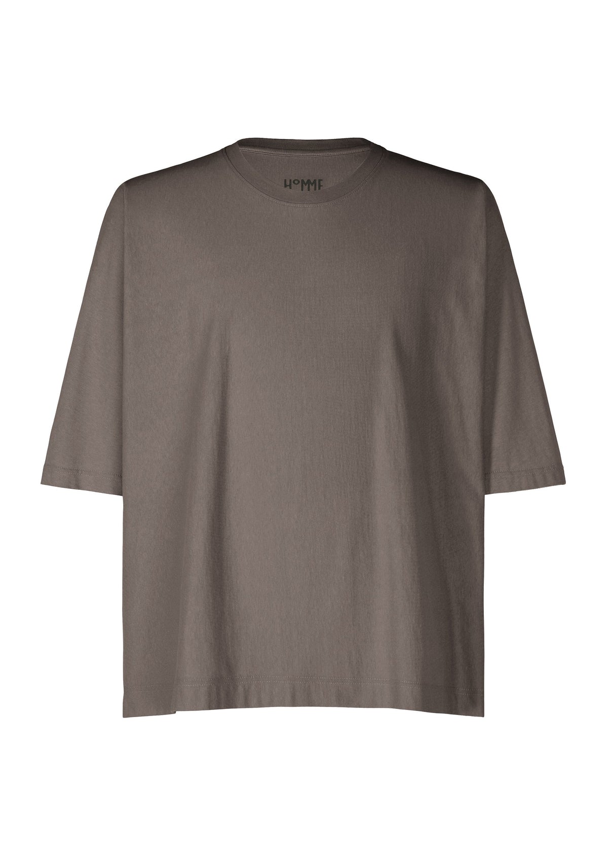 The HOMME PLISSÉ ISSEY MIYAKE RELEASE-T 1 is a plain, loose-fitting cotton top in muted brown, featuring short sleeves and a round neck, shown against a white background. view 2 of 4