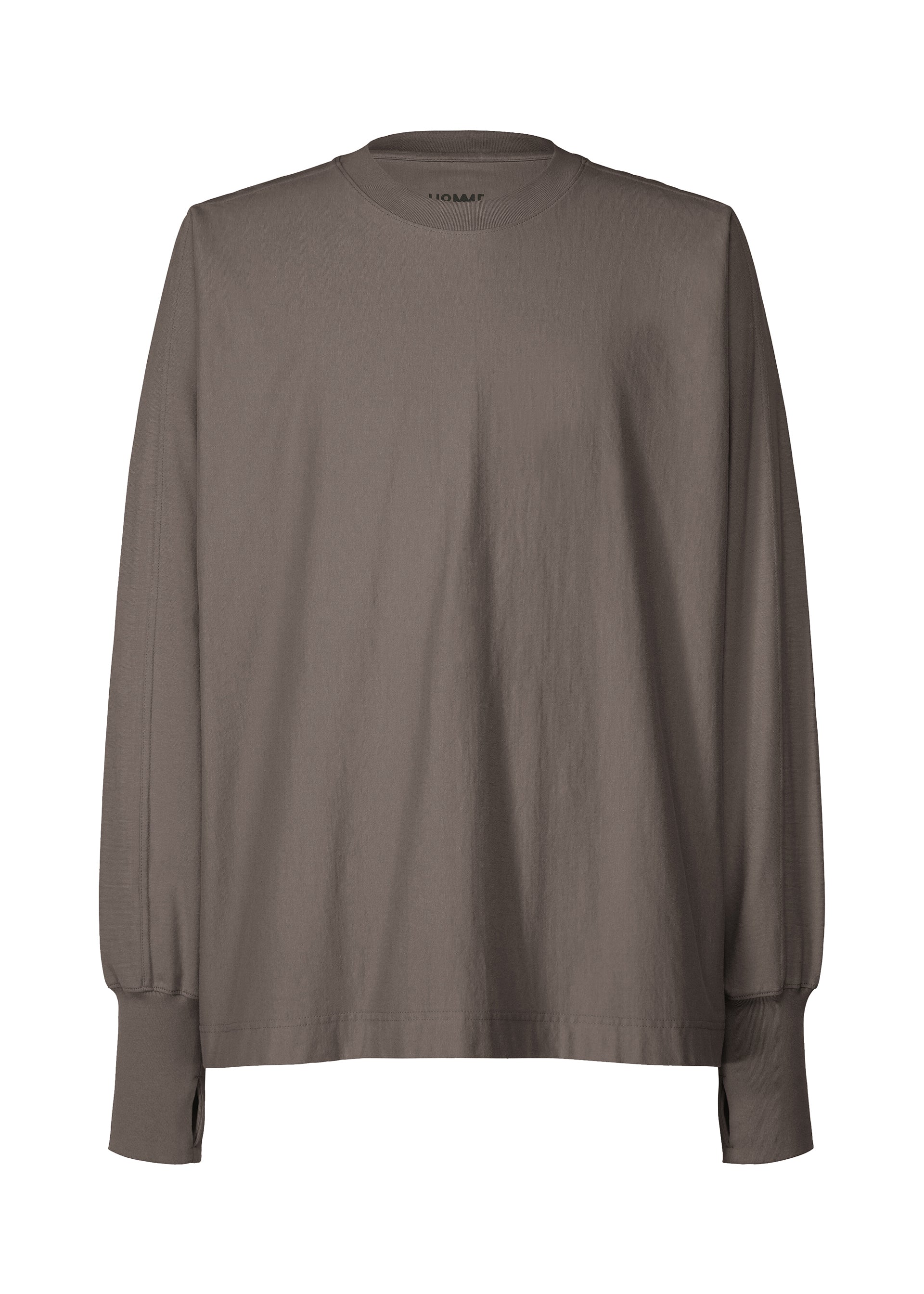 Zoomed view The RELEASE-T 1 by HOMME PLISSÉ ISSEY MIYAKE is a plain, taupe cotton top with long sleeves and a crew neck, shown against a white background. - CHARCOAL （no.14）