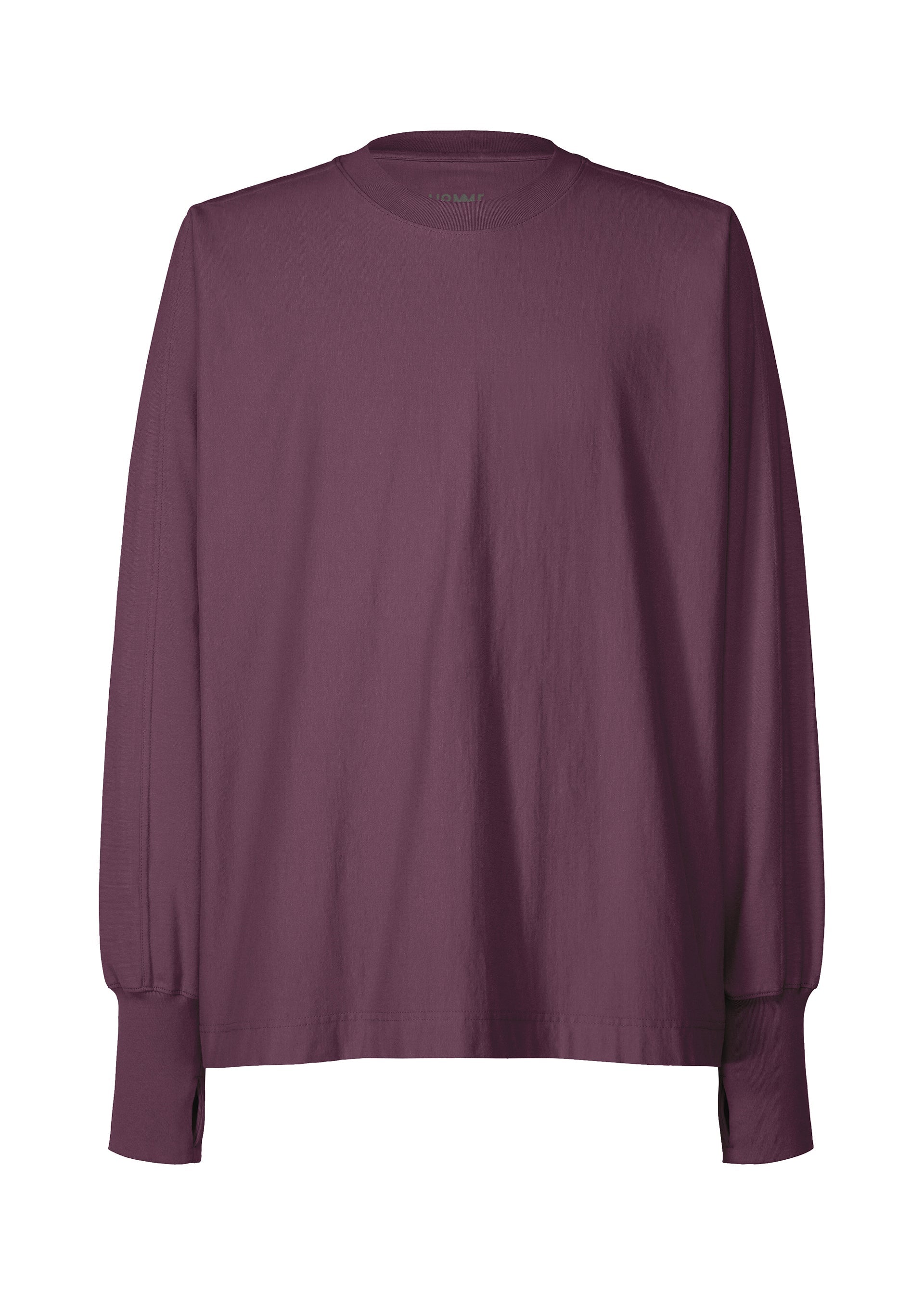 Zoomed view The HOMME PLISSÉ ISSEY MIYAKE RELEASE-T 1 is a soft cotton, deep plum round-neck long-sleeved top, shown on a white background. - PURPLE （no.81）