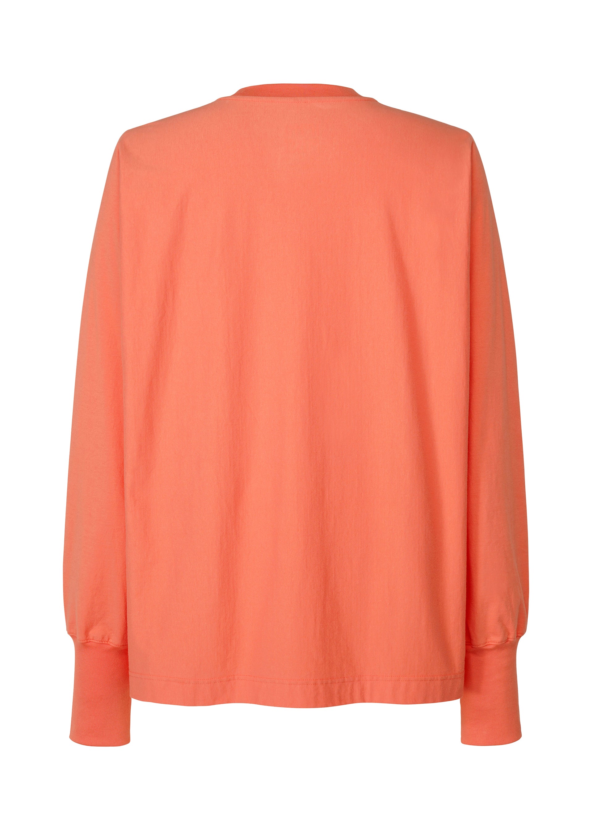 Zoomed view The RELEASE-T 1 by HOMME PLISSÉ ISSEY MIYAKE is a long-sleeved, coral cotton top with a simple back view. It has a round neckline, ribbed cuffs, and features a plain design with no visible patterns or logos.