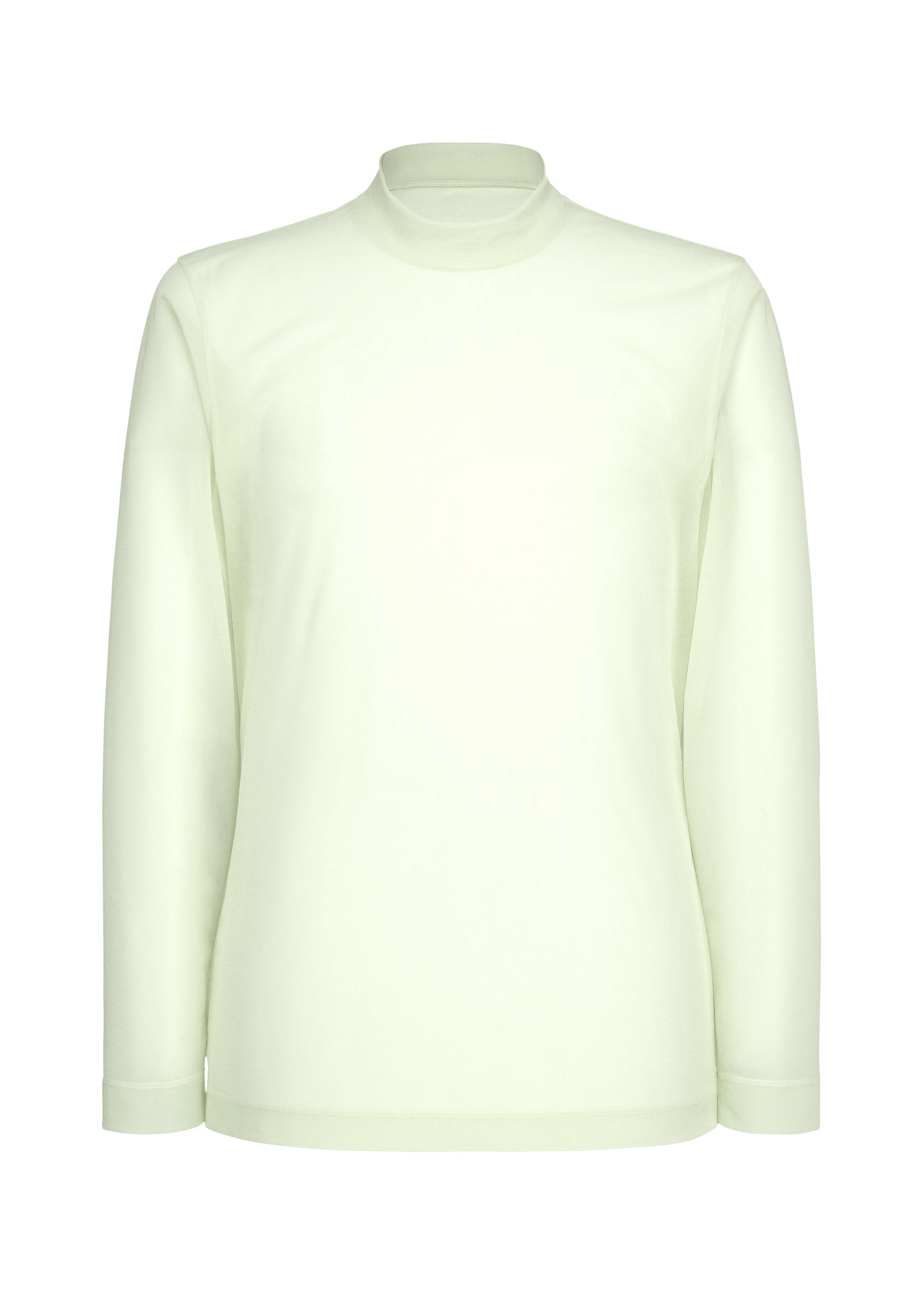Zoomed view The CRYSTALLINE JERSEY by HOMME PLISSÉ ISSEY MIYAKE is a plain, light green long-sleeve shirt with a crew neck and minimalist silhouette, shown against a white background. - WHITE GREEN （no.06）