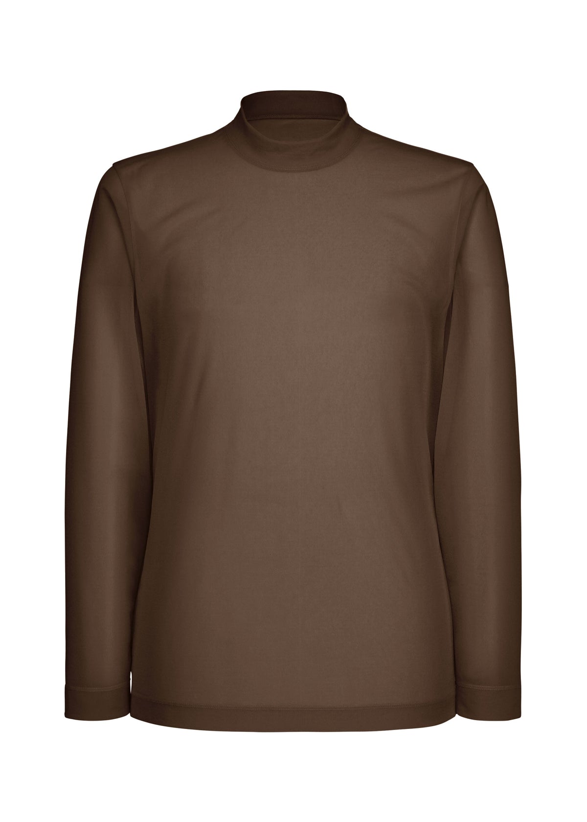 The CRYSTALLINE JERSEY by HOMME PLISSÉ ISSEY MIYAKE is a brown, long-sleeve sheer top with a minimalist silhouette and mock neck, made from lightweight, semi-transparent fabric. Displayed on a plain white background. view 2 of 5