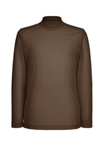 The CRYSTALLINE JERSEY by HOMME PLISSÉ ISSEY MIYAKE is a brown, long-sleeve sheer top with a minimalist silhouette and mock neck, made from lightweight, semi-transparent fabric. Displayed on a plain white background. - BROWN （no.44）