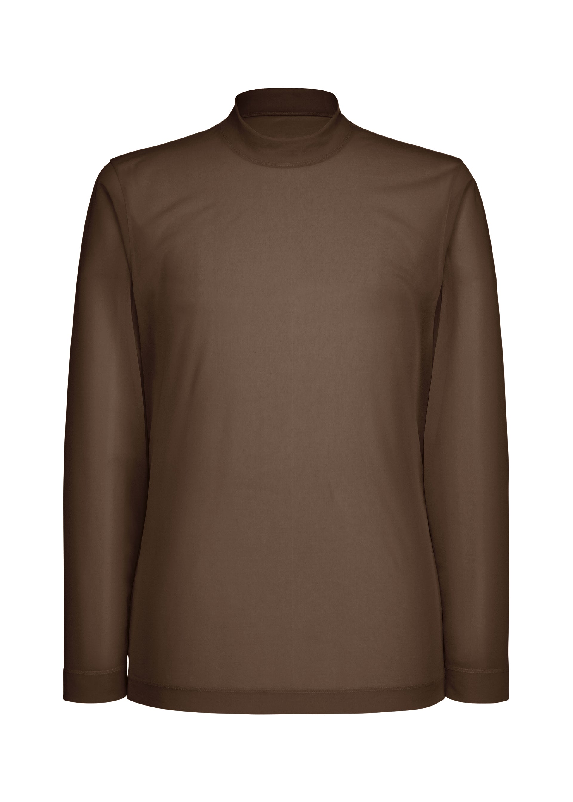 Zoomed view The CRYSTALLINE JERSEY by HOMME PLISSÉ ISSEY MIYAKE is a brown, long-sleeve sheer top with a minimalist silhouette and mock neck, made from lightweight, semi-transparent fabric. Displayed on a plain white background. - BROWN （no.44）