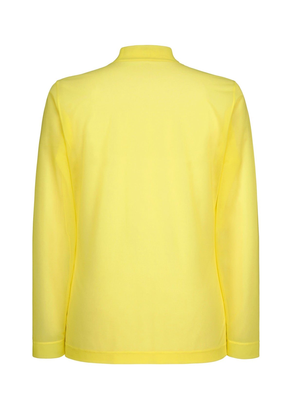 The CRYSTALLINE JERSEY by HOMME PLISSÉ ISSEY MIYAKE is a long-sleeved, plain yellow mock neck top shown from the back, featuring a simple collar and minimalist silhouette with no visible patterns or designs. view 3 of 5