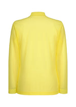 The CRYSTALLINE JERSEY by HOMME PLISSÉ ISSEY MIYAKE is a long-sleeved, plain yellow mock neck top shown from the back, featuring a simple collar and minimalist silhouette with no visible patterns or designs.